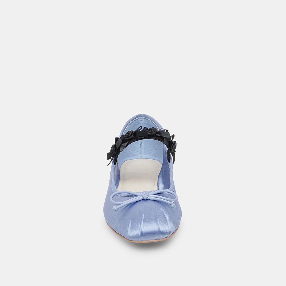 Light Blue Satin Pleated Square Toe Bow Ballet Flats with A Strap