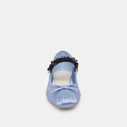 Light Blue Satin Pleated Square Toe Bow Ballet Flats with A Strap