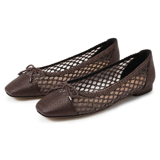 Dark Brown Woven Square Toe Bow Decor Cut-Out Flat Shoes for Women