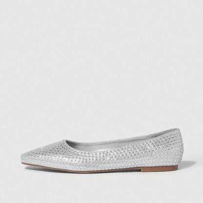 Women's Elegant Almond Toe Rhinestone Embellished Flats in Silver