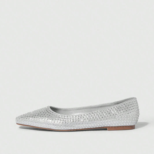 Women's Elegant Almond Toe Rhinestone Embellished Flats in Silver