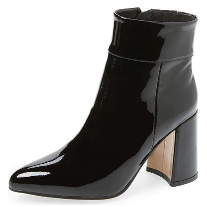 Black Patent Leather Chunky Heel Women's Ankle Boots