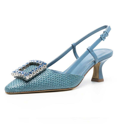 Blue Woven Pointed Toe Slingback Heels with Rhinestone Buckle