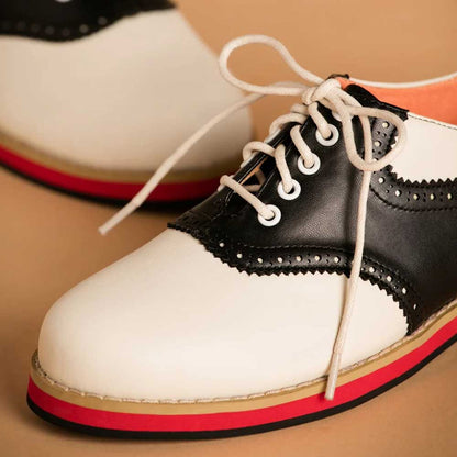 Black & White Vegan Leather Round Toe Lace Up Oxford Flats