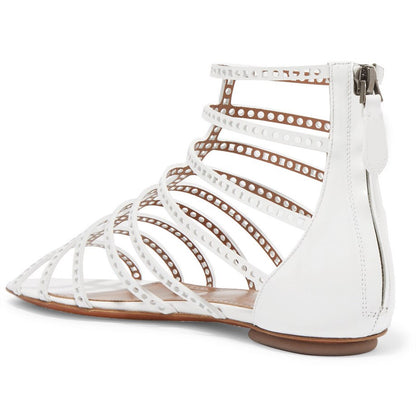 White Hollow Out Vintage Gladiator Sandals Open-Toe Summer Flats