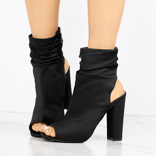 Women's Black Peep Toe Pleated Slingback Chunky Heel Ankle Boots