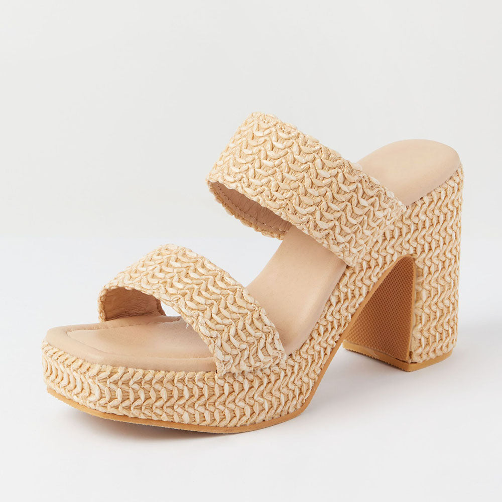 Women's Nude Open-Toe Braided Straps Block Heel Platform Mules