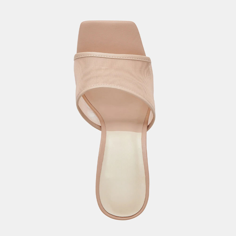 Women's Nude Open Square Toe Sandals Slip-On Mesh Mule Heels