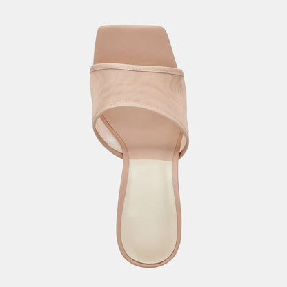 Women's Nude Open Square Toe Sandals Slip-On Mesh Mule Heels