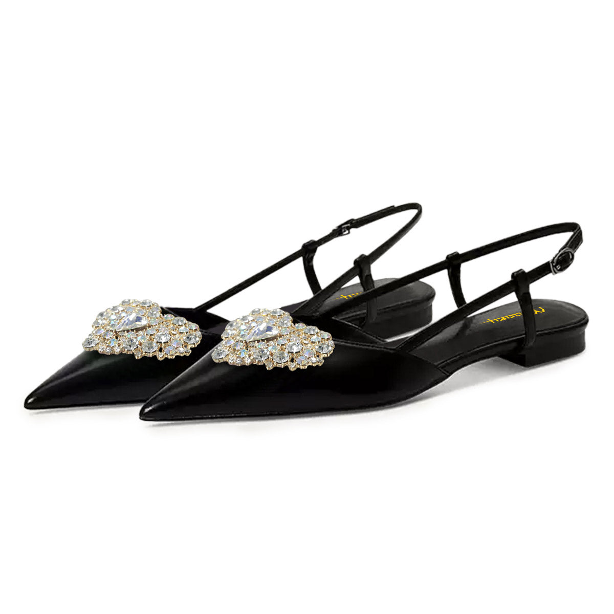 Women's Rhinestone Heart-Shaped Pointed Toe Black Slingback Flats