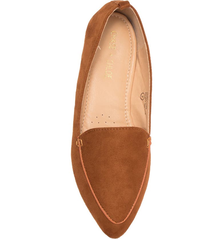 Brown Pointed Toe Flat Loafers with Gold Chain