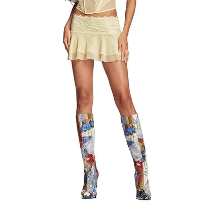 Multicolor Printing Pointed Toe Back Lace-Up Knee High Boots