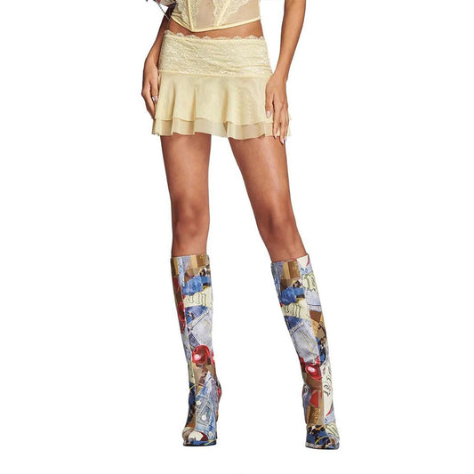 Multicolor Printing Pointed Toe Back Lace-Up Knee High Boots