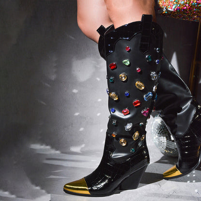 Black Pointed Toe Chunky Heel Knee High Boots with Multicolor Crystal