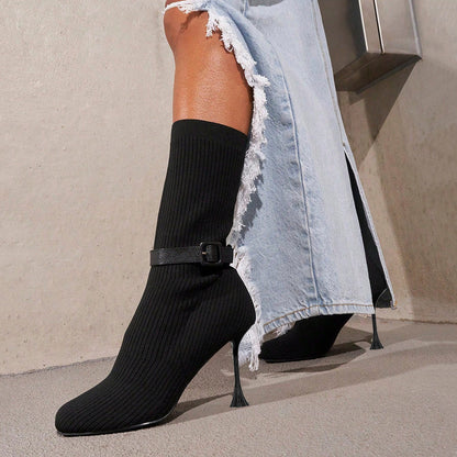 Black Closed Toe 4'' Flared Heel Mid Calf Boots