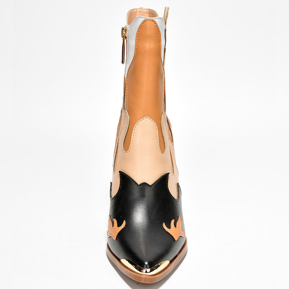 Black Metal Pointed Toe Flame Booties Stacked Heel Ankle Boots