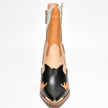 Black Metal Pointed Toe Flame Booties Stacked Heel Ankle Boots