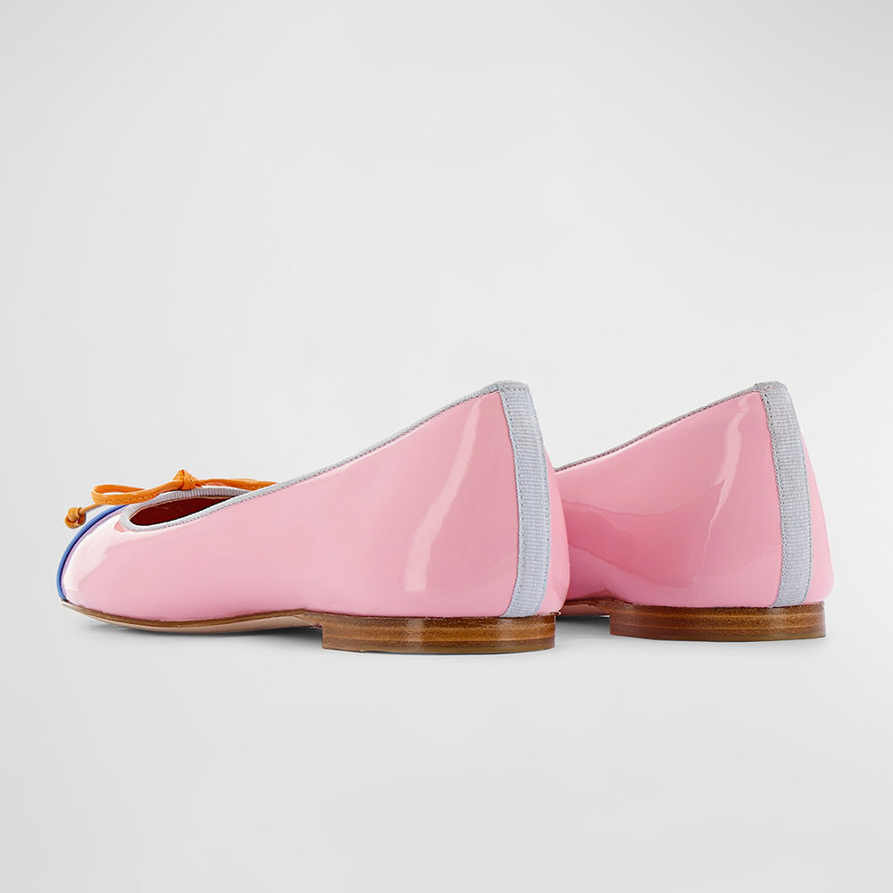 Pink Patent Leather Slip-On Bow Ballet Flats with Blue Toe Cap