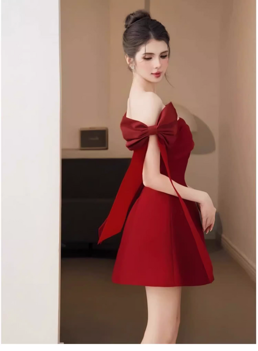 New Fashion Red Off-the-shoulder Bow Design A-line Party Dress Homecoming Dress TP3828