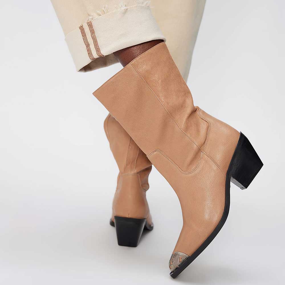 Slouchy Pointed Toe Metallic Accent Mid Calf Boots for Women in Tan