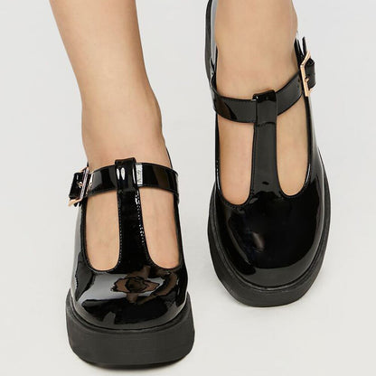 Black Patent Leather Closed Toe Chunky Heel Platform Loafers