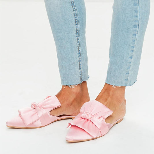 Pink Satin Bowknot Pointed Toe Flat Slip-On Mule Loafers for Women