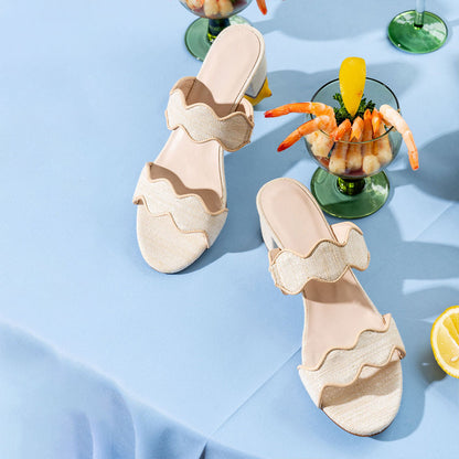 Women's Two Straps Open Toe Block Heel Beige Mules Sandals