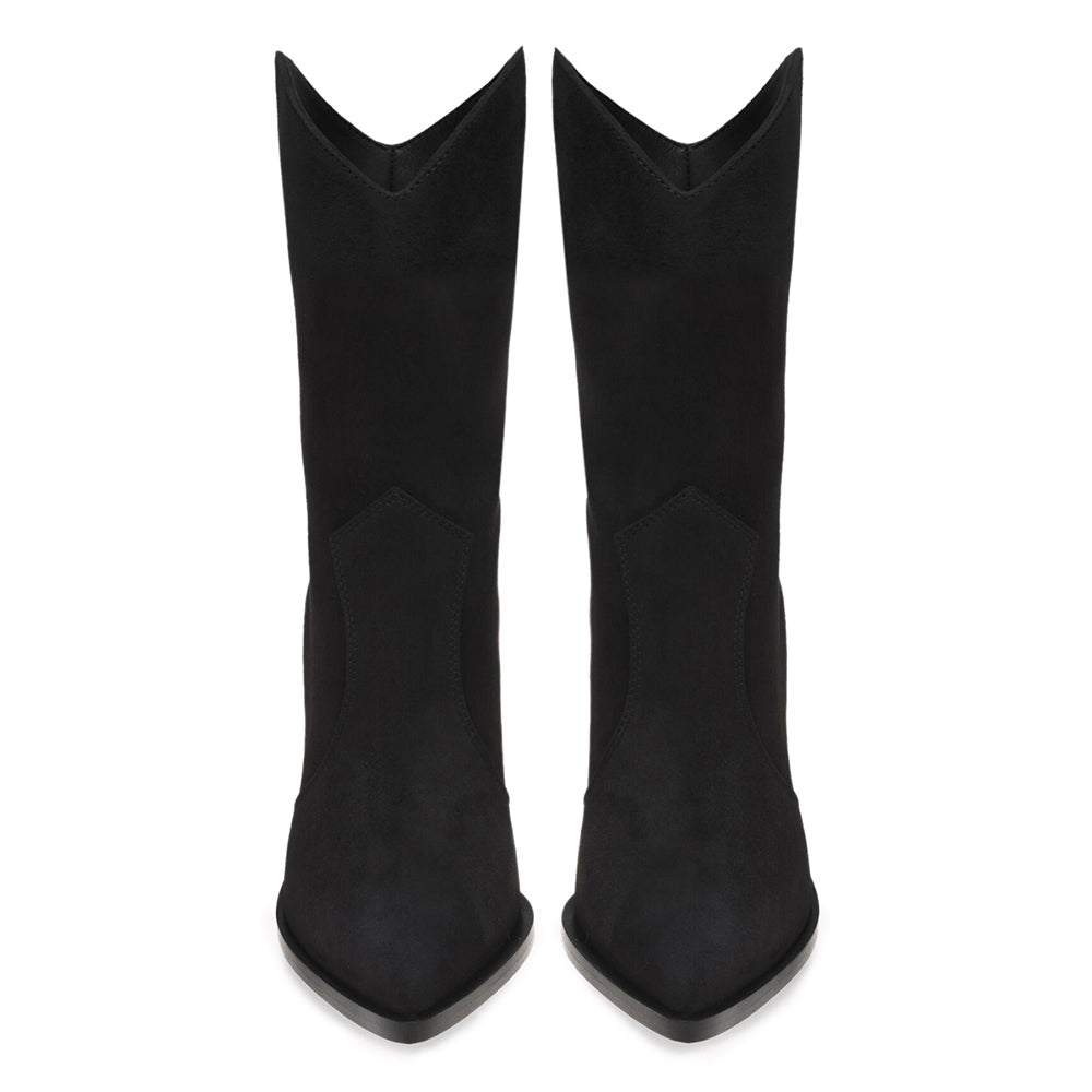 Black Faux Suede Closed Toe Decorative Heel Ankle Boots