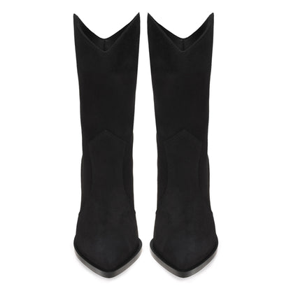 Black Faux Suede Closed Toe Decorative Heel Ankle Boots