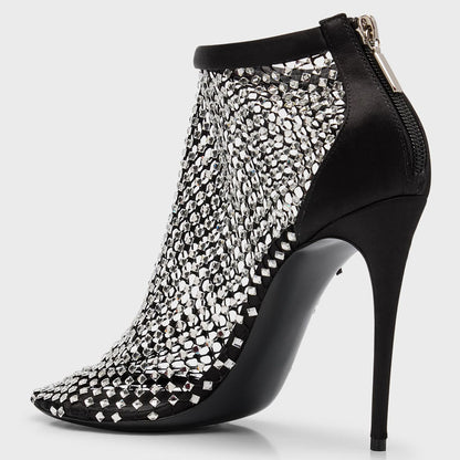 Black Round Toe Stiletto Booties Rhinestone Mesh Ankle Boots