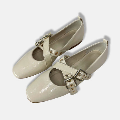 Trendy Ivory Patent Leather Square Toe Grommet Buckle Strap Flats