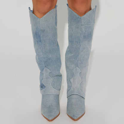 Blue Denim Pointed Toe Stacked Heel Fold Over Western Knee High Boots