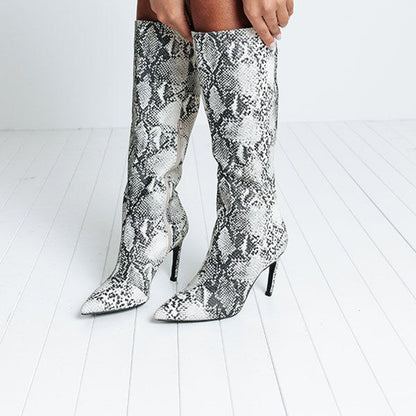 Black & White Closed Toe 3'' Stiletto Heel Winter Knee High Boots