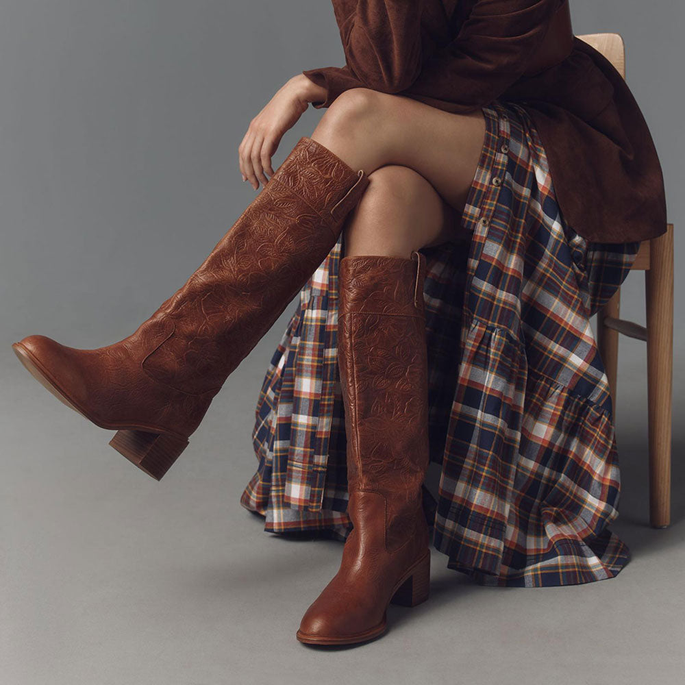Brown Round Toe Block Heel Flower and Leaves Embossed Knee High Boots
