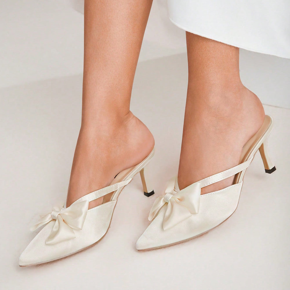 White Satin Closed Pointed Toe Bow Mules With Kitten Heels
