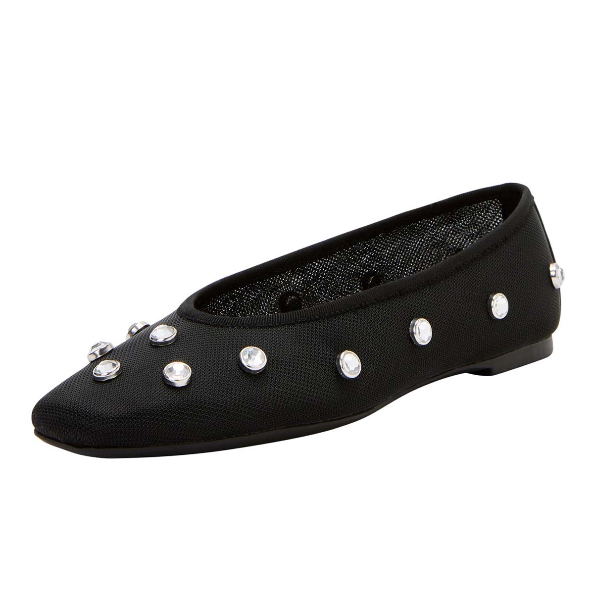 Mesh Rhinestone Studs Square Toe Black Ballet Flats for Women
