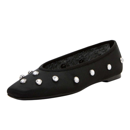 Mesh Rhinestone Studs Square Toe Black Ballet Flats for Women