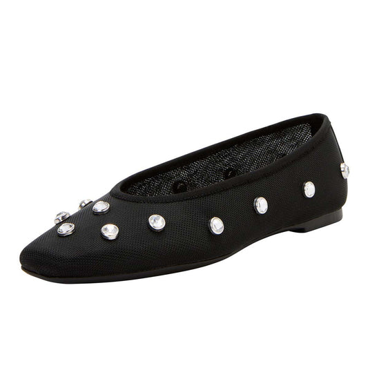 Mesh Rhinestone Studs Square Toe Black Ballet Flats for Women