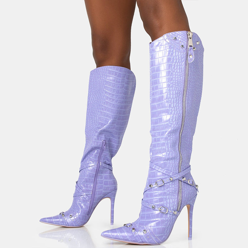 Purple Studded Stiletto Heel Buckle Strap Snakeskin Knee High Boots