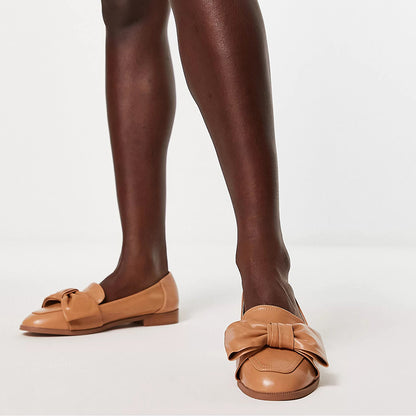 FSJ Khaki Almond Toe Bow Embellished Flats Women's Loafers