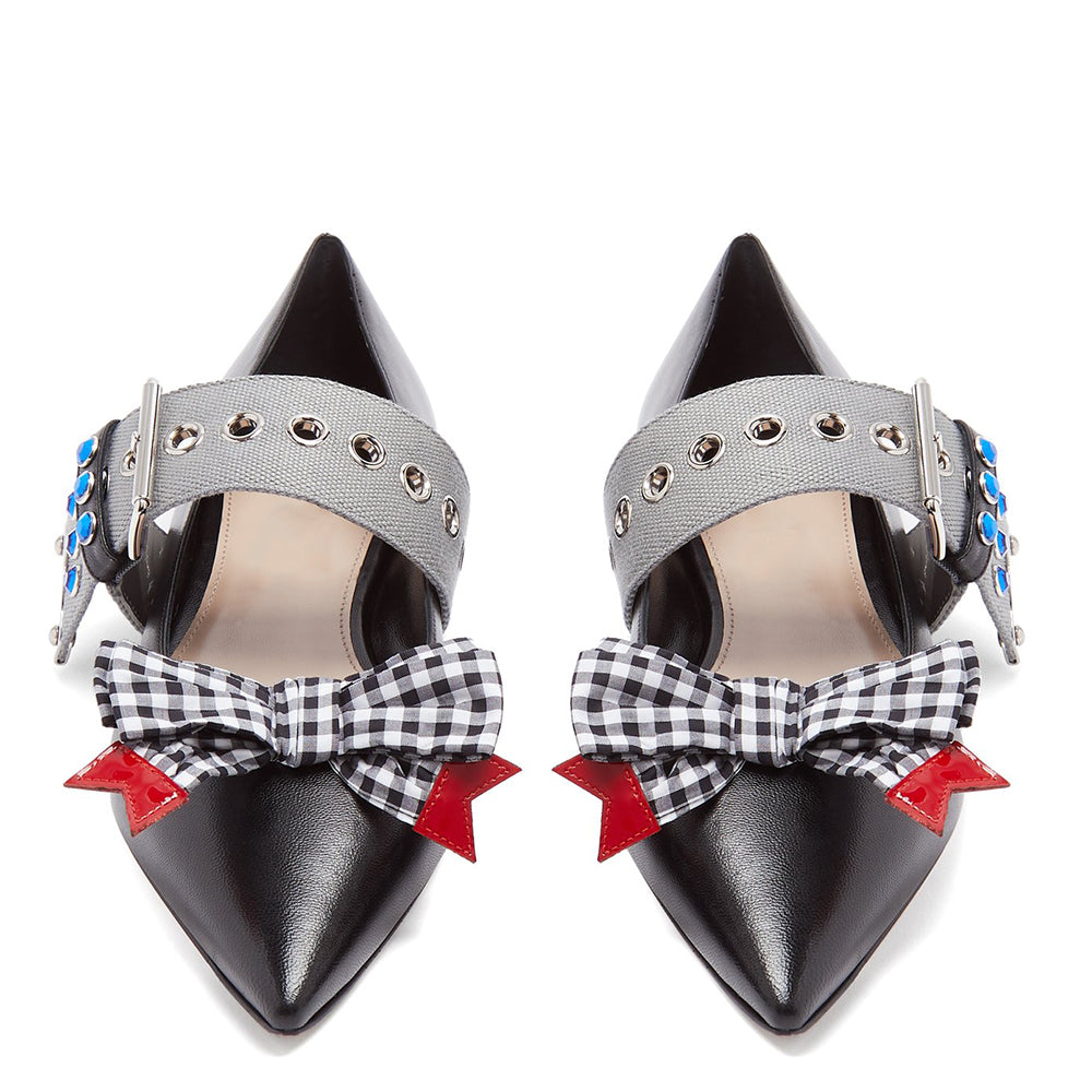 Black Pointed Toe Grommet Strap Fastening Flats with Plaid Bow