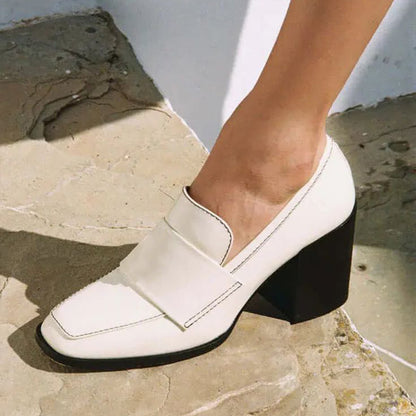 White Square Toe Chunky Heel Loafers