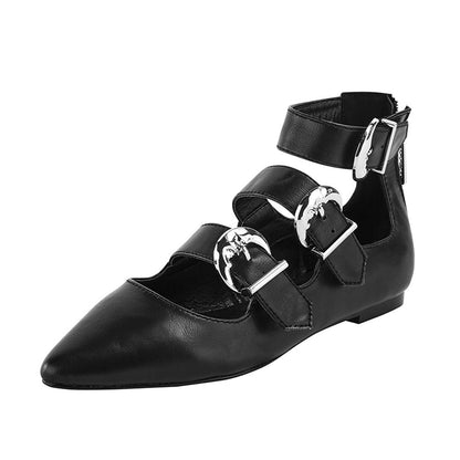 Black Zipper Vegan Leather Triple Buckle Strap Pointed Toe Flats