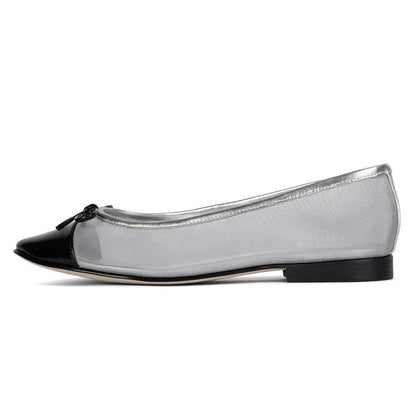 Black & Silver Mesh Round Toe Ballet Flats with Bow