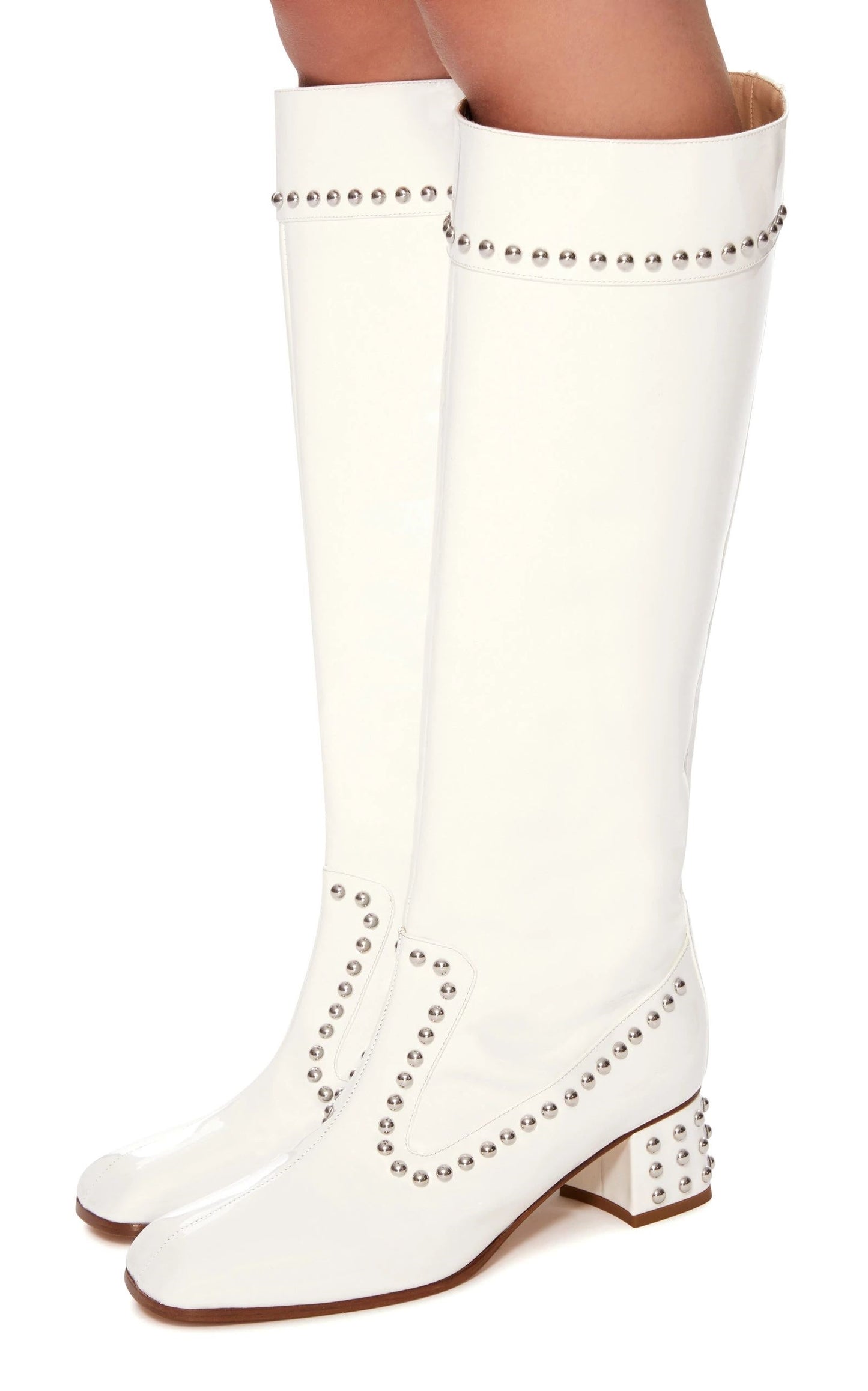 White Patent Leather Studded Knee High Boots with Block Heels