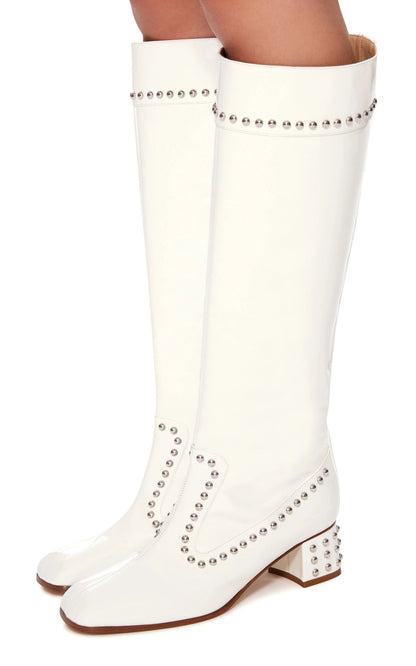 White Patent Leather Studded Knee High Boots with Block Heels