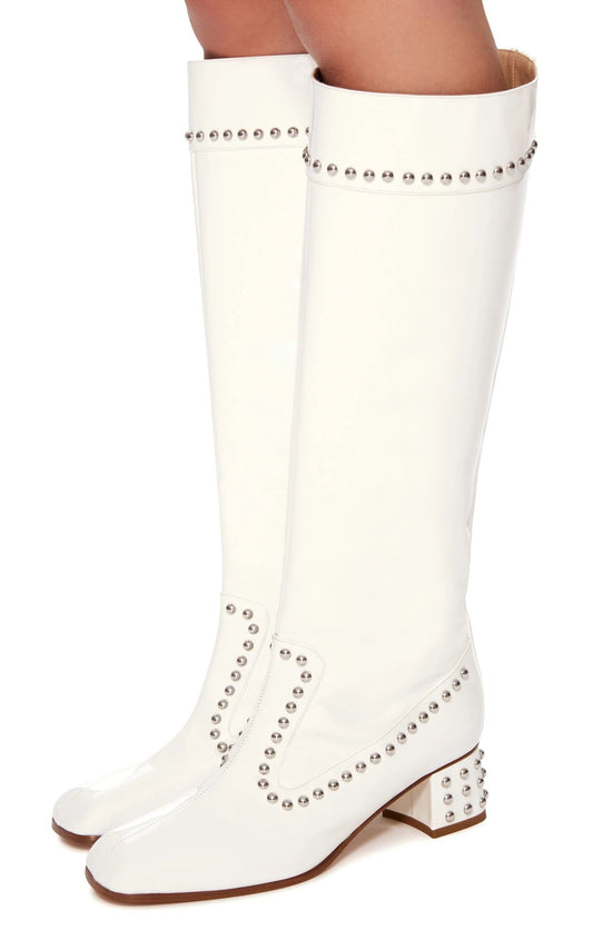 White Patent Leather Studded Knee High Boots with Block Heels