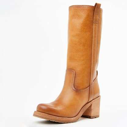 FSJ Classic Tan Round Toe Pull-On Stacked Heel Mid Calf Boots