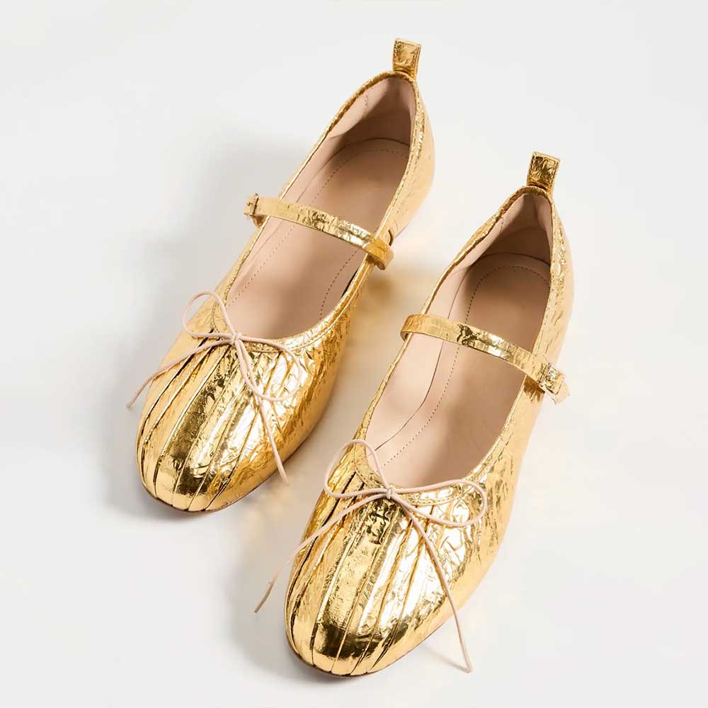 Gold Crinkled Metallic Finish Pleated Round Toe Bow Ballet Flats