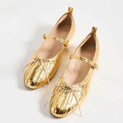 Gold Crinkled Metallic Finish Pleated Round Toe Bow Ballet Flats